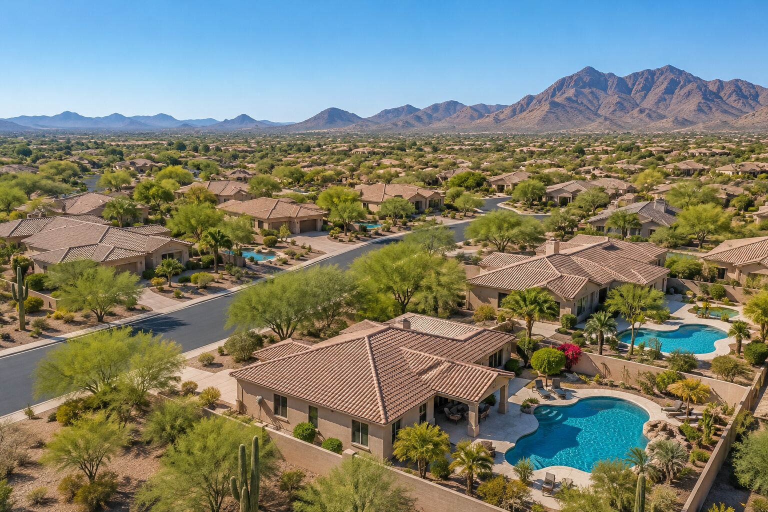 Aerial view of a desert neighborhood with backyard pools