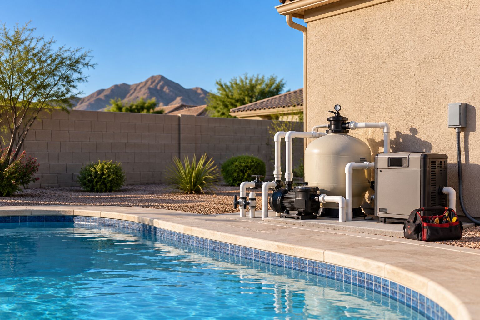 A pool pump, filter and heater at a backyard equipment pad